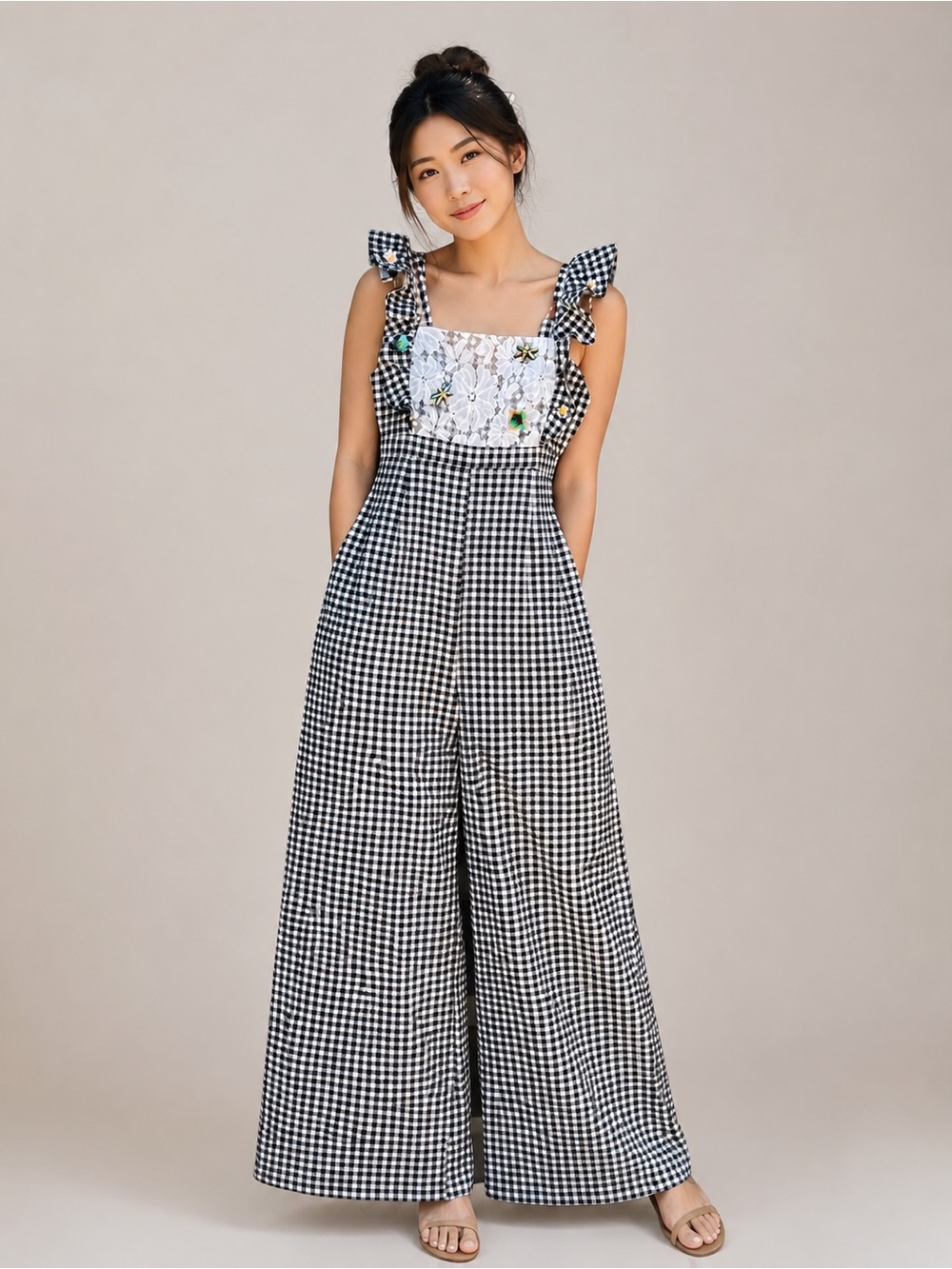 Nittaya Houndstooth Wide-Leg Jumpsuit Lace Appliqué Beaded Checkered Size 4